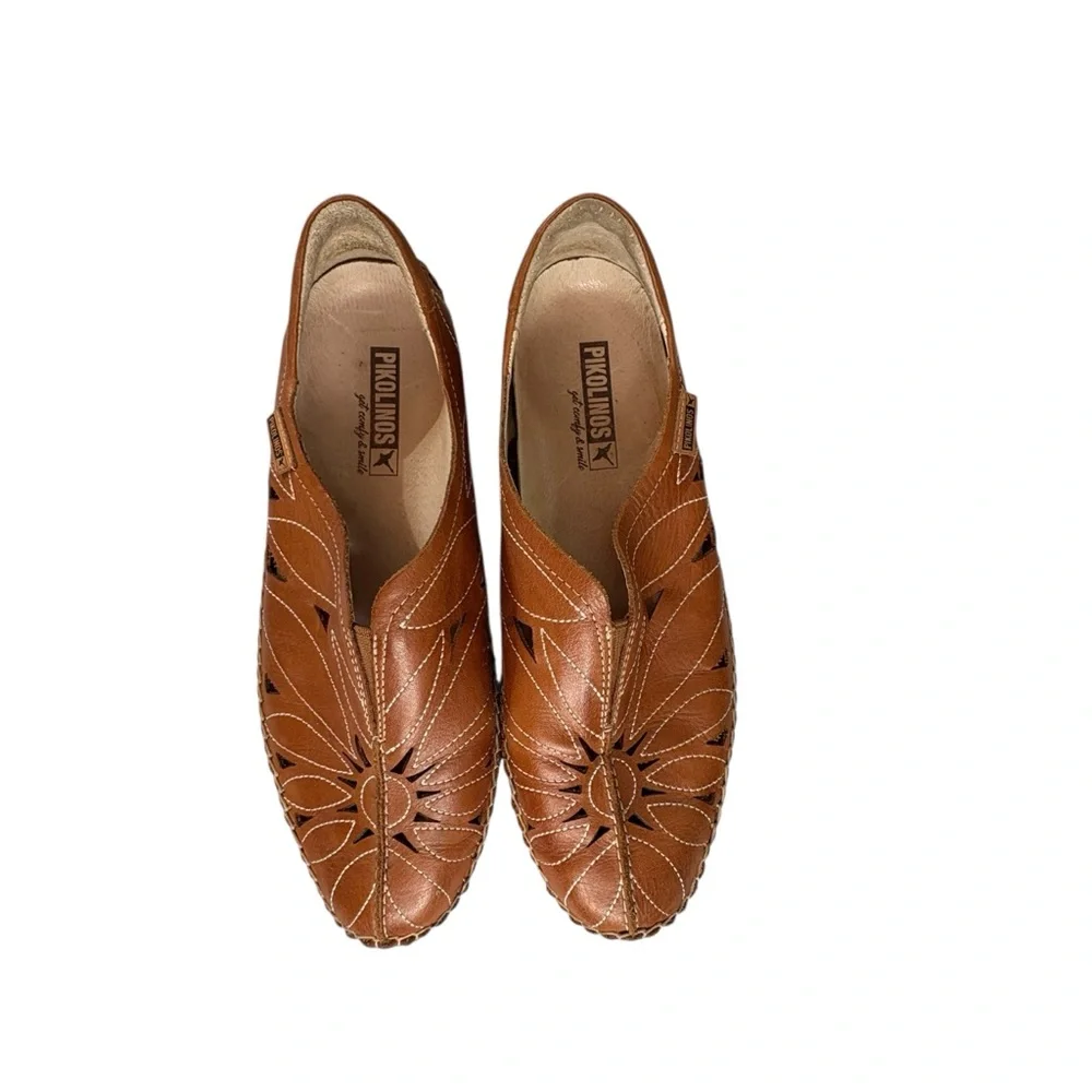 PIKOLINOS Women's Jerez 578-7399 Brandy Leather Floral Loafers Size 36
